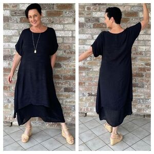 White Amber Brigitte Bamboo Dress in Black Large Lagenlook Layering